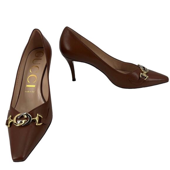 GUCCI Zumi 75 Pumps Brown Leather High Heel Slip On G Logo Buckle Size 9.5 - Picture 5 of 9